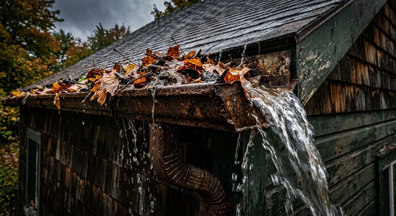 Rusted and clogged gutters in need of replacement