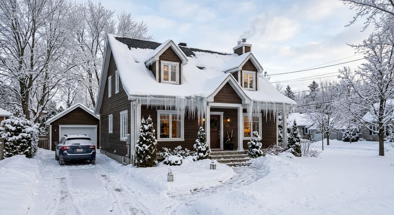 Quebec home in winter with ice on gutters